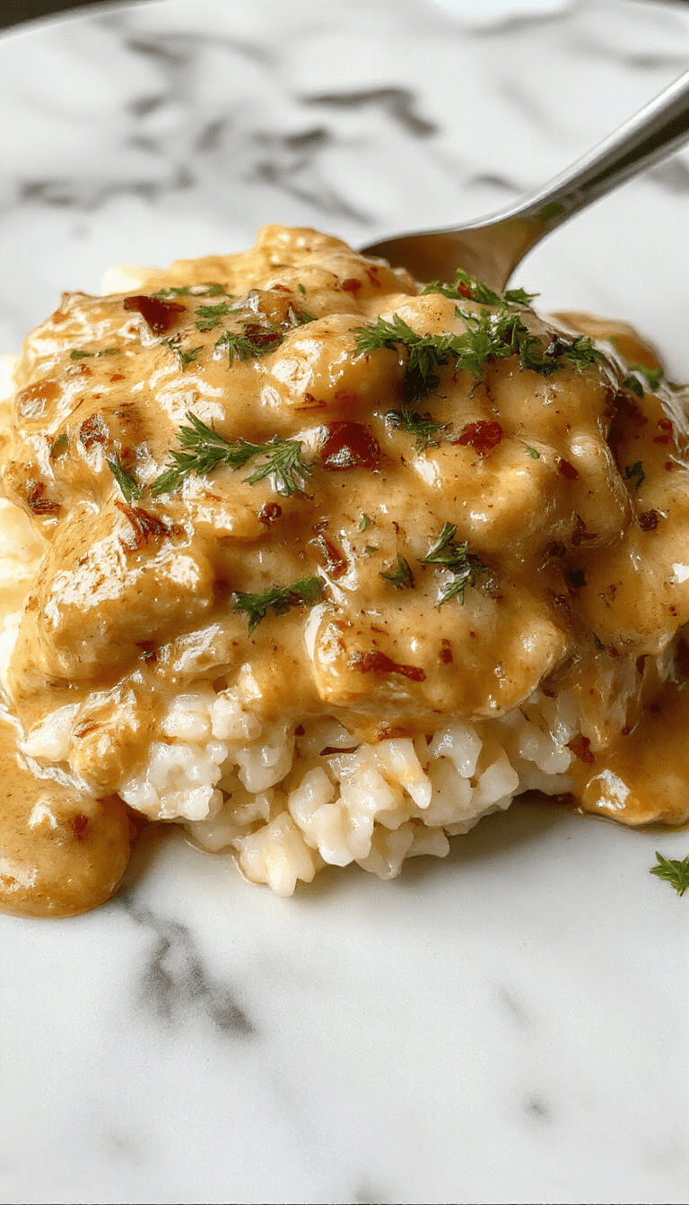 A close-up of a creamy, golden-brown smothered chicken served over fluffy rice on a rustic white plate, garnished with chopped parsley and a side of steamed vegetables, with a cozy kitchen background.