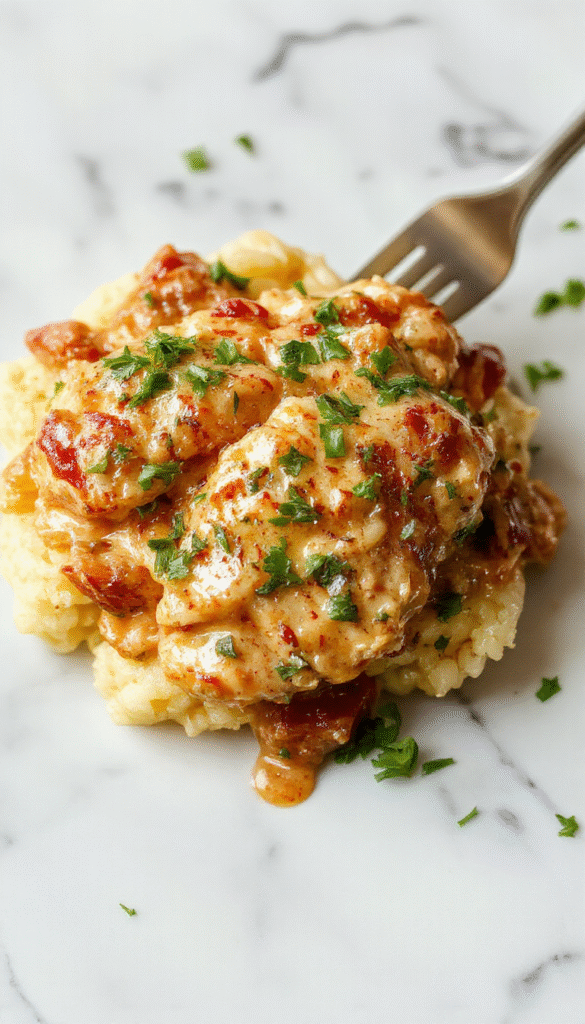 A close-up of a hearty plate featuring creamy chicken covered in a luscious sauce, placed atop fluffy white rice. The dish is garnished with chopped parsley, showcasing a glossy texture and inviting color contrast from the chicken's rich sauce and the white rice background.