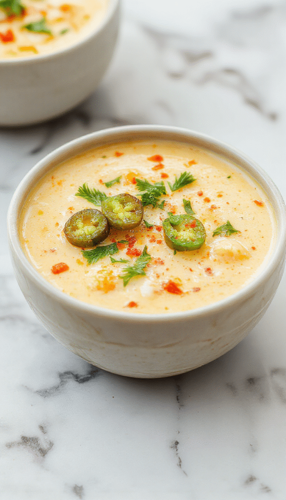 A vibrant bowl of jalapeno popper soup featuring bright green jalapenos, melted cheese, and crispy bacon on top, garnished with fresh cilantro, served in a rustic white bowl with a spoon, set against a wooden table background.