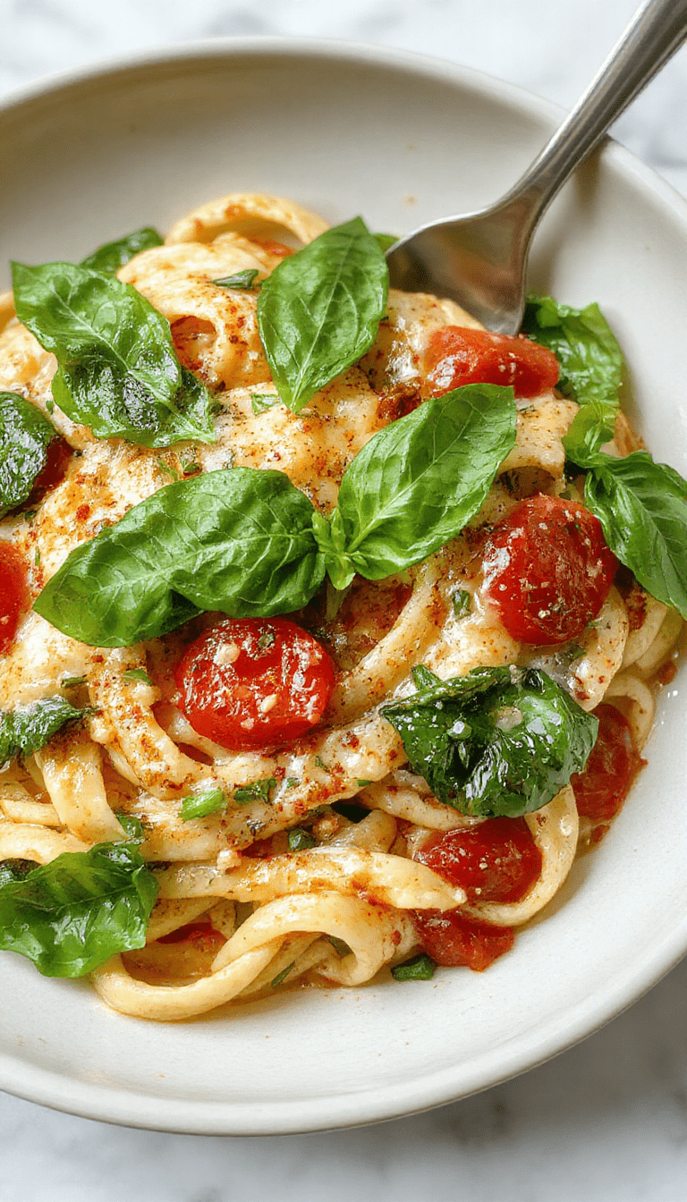 A vibrant plate of spinach tomato pasta featuring bright red cherry tomatoes, lush green spinach, and golden pasta beautifully plated with a sprinkle of grated cheese and fresh basil leaves on top, styled on a rustic wooden table with natural lighting highlighting the textures and colors.