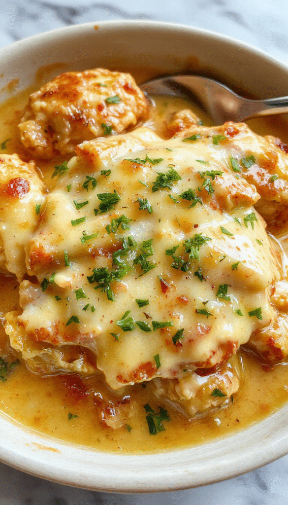 A vibrant, golden-brown butter chicken skillet topped with fresh herbs on a rustic wooden table, showing tender chicken pieces coated in creamy butter sauce, garnished with parsley, with bright side vegetables scattered around
