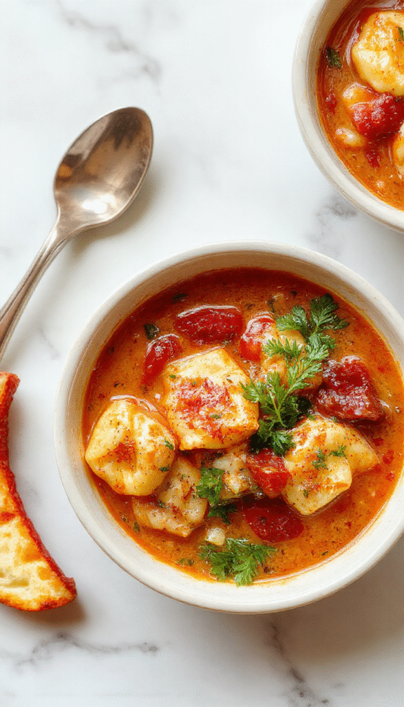 A warm bowl of tomato tortellini soup garnished with fresh basil and grated Parmesan cheese, showing plump tortellini swimming in vibrant red tomato broth, set on a rustic wooden table with a spoon and a crusty bread slice nearby.