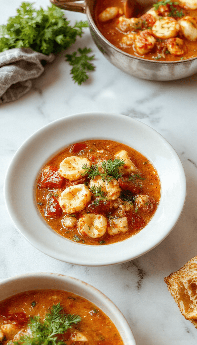 A bowl of hearty tomato tortellini soup with plump tortellini floating in vibrant red tomato broth, garnished with fresh basil leaves, served in a rustic white bowl on a wooden table with crusty bread on the side.