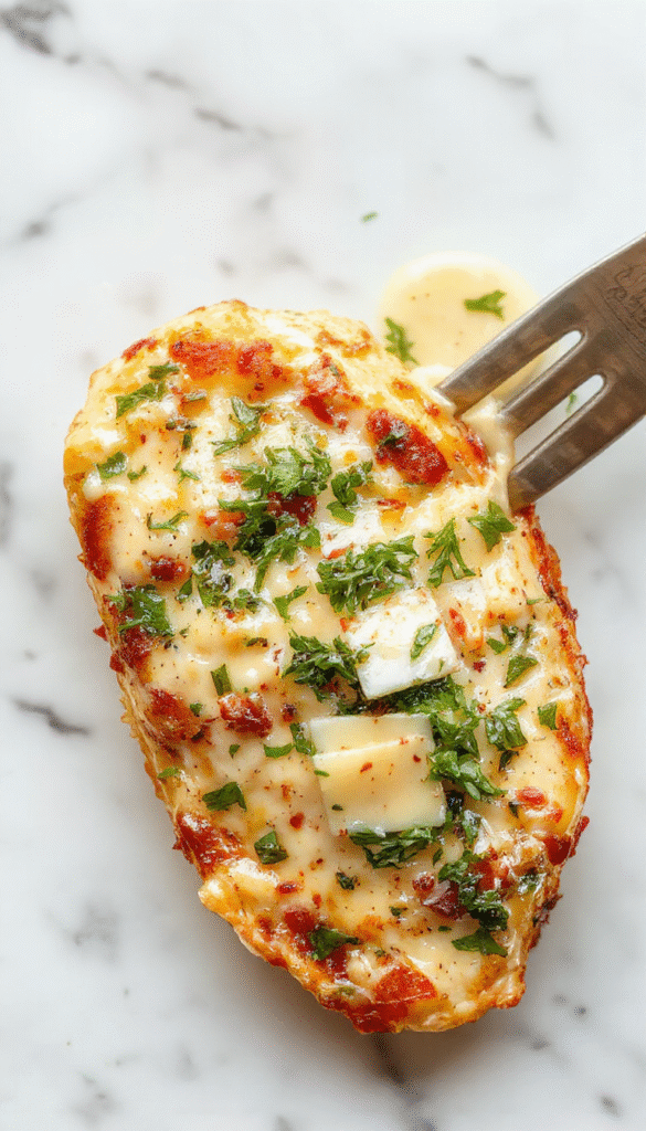 A vibrant white plate holding a creamy Tuscan chicken topped with chopped spinach, cherry tomatoes, and grated Parmesan cheese. The chicken has a golden-brown sear, surrounded by a luscious herb-infused creamy sauce. The dish is garnished with fresh basil and served with a side of garlic bread, styled on a rustic wooden table with sprigs of herbs and a touch of olive oil.