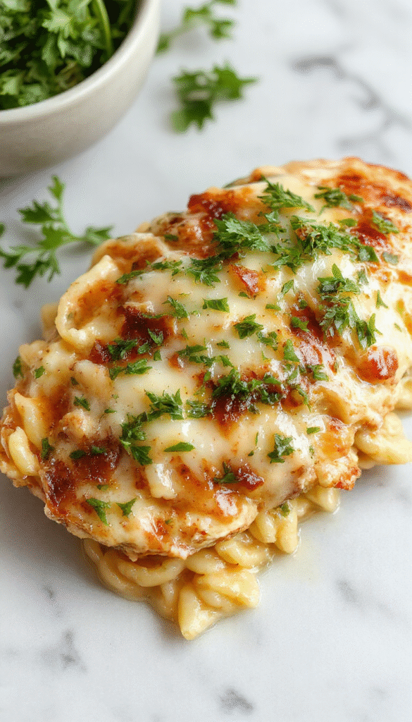A vibrant, color-rich image of a baked dish featuring tender shredded chicken and cooked orzo pasta topped with melted cheese and garnished with fresh basil leaves, served in a rustic white baking dish on a wooden table with herbs scattered around, capturing a cozy and inviting ambiance.