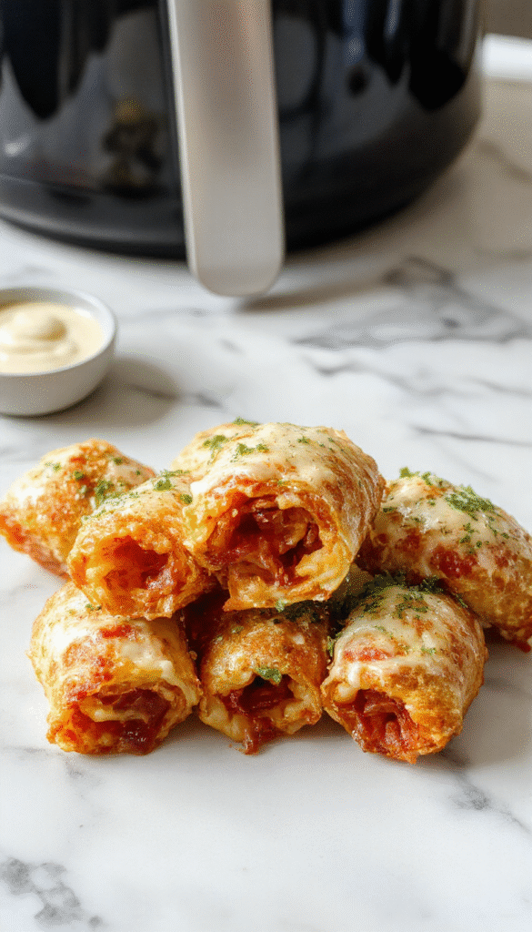 Golden-brown crispy pizza rolls arranged on a white plate with melted cheese and pepperoni visible inside, garnished with fresh basil, served on a rustic wooden surface, styled with a spattered sauce and a sprinkle of herbs for a vibrant and appetizing look