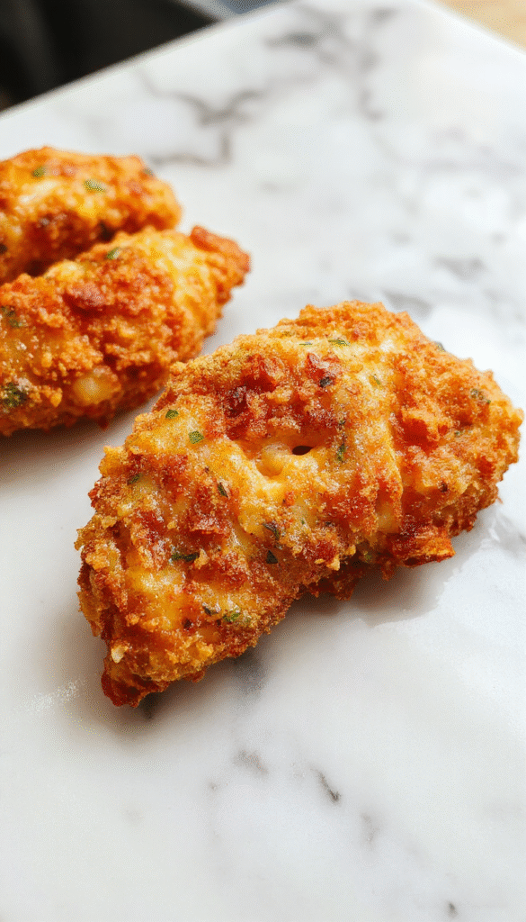 Golden-brown crispy baked chicken tenders arranged on a white ceramic plate with a side of fresh green herbs and a dipping sauce, set on a rustic wooden table, highlighting the crunchy texture and tender interior