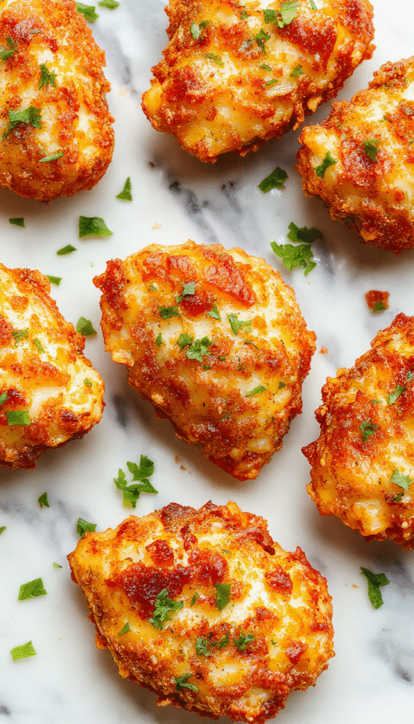 Golden crispy baked chicken tenders arranged on a rustic white plate garnished with fresh herbs, with a side of dipping sauces and a textured wooden background.
