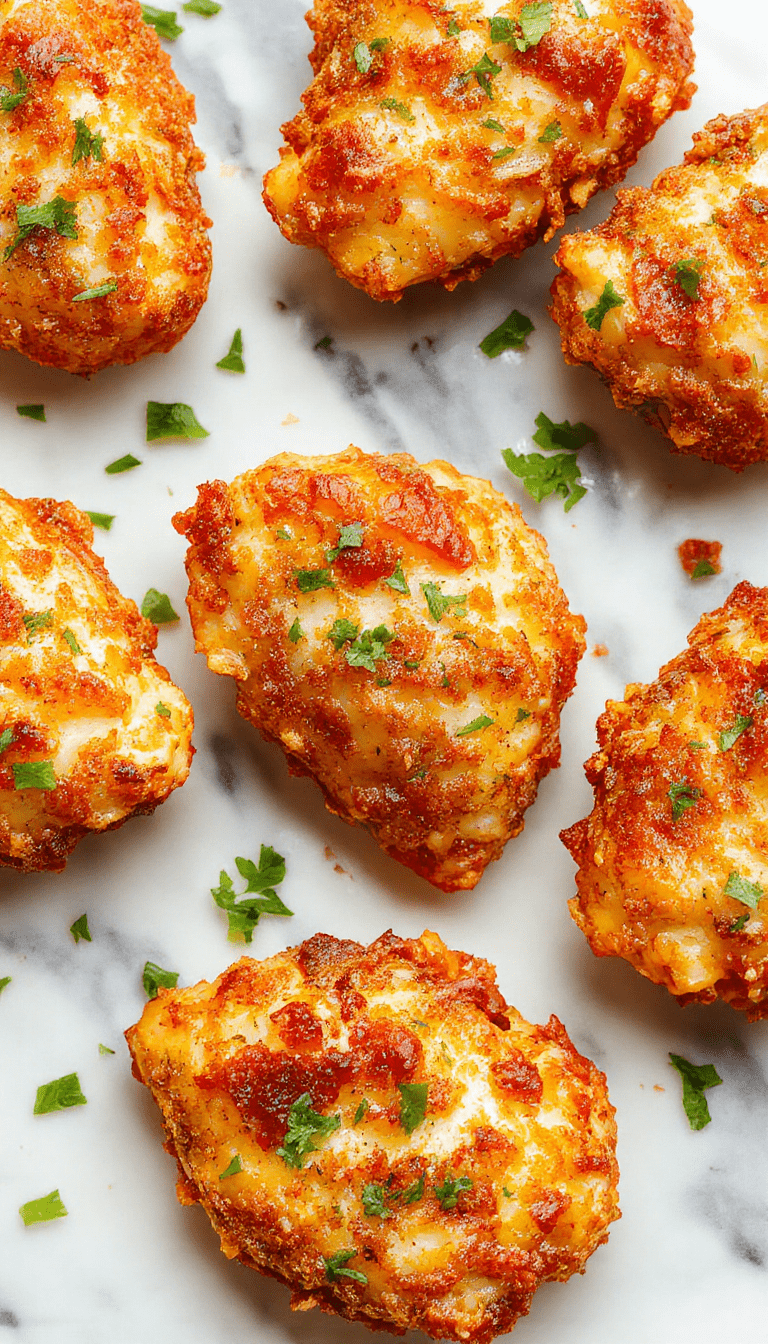 Golden crispy baked chicken tenders arranged on a rustic white plate garnished with fresh herbs, with a side of dipping sauces and a textured wooden background.