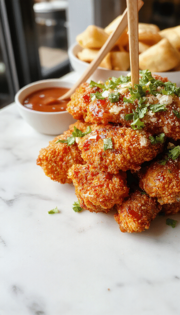 A close-up of crispy golden brown bang bang chicken drizzled with spicy red sauce, garnished with green scallions on a white plate, showcasing a crunchy coating and vibrant sauce