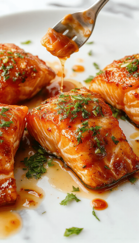 A beautifully plated crispy honey garlic glazed salmon fillet with a golden-brown crust, topped with a glossy honey garlic sauce. The dish is garnished with fresh herbs, served on a rustic white plate with a lemon wedge, presented against a vibrant food styling backdrop with colorful vegetables and a drizzle of sauce for a fresh and appetizing look.