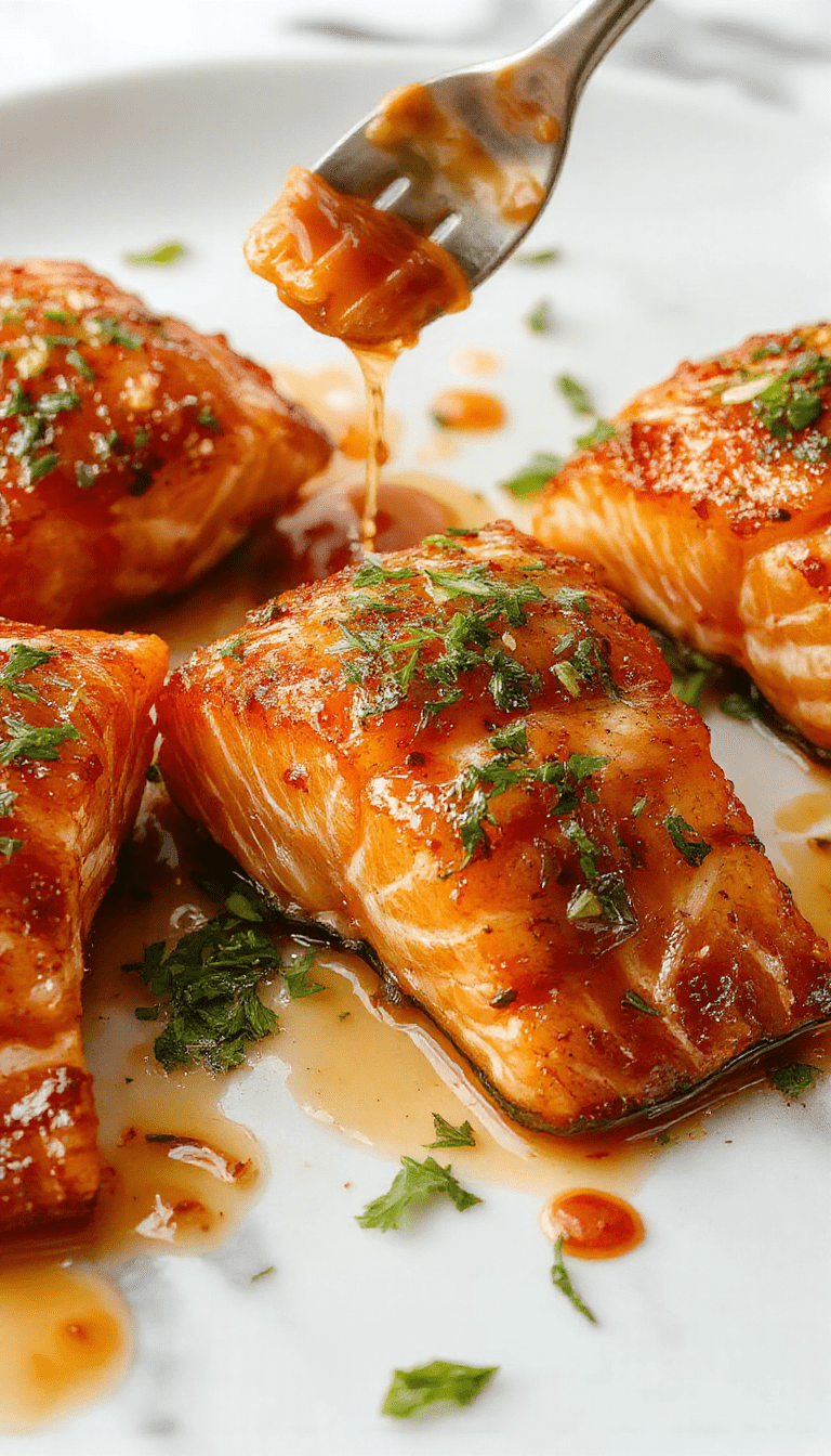 A beautifully plated crispy honey garlic glazed salmon fillet with a golden-brown crust, topped with a glossy honey garlic sauce. The dish is garnished with fresh herbs, served on a rustic white plate with a lemon wedge, presented against a vibrant food styling backdrop with colorful vegetables and a drizzle of sauce for a fresh and appetizing look.