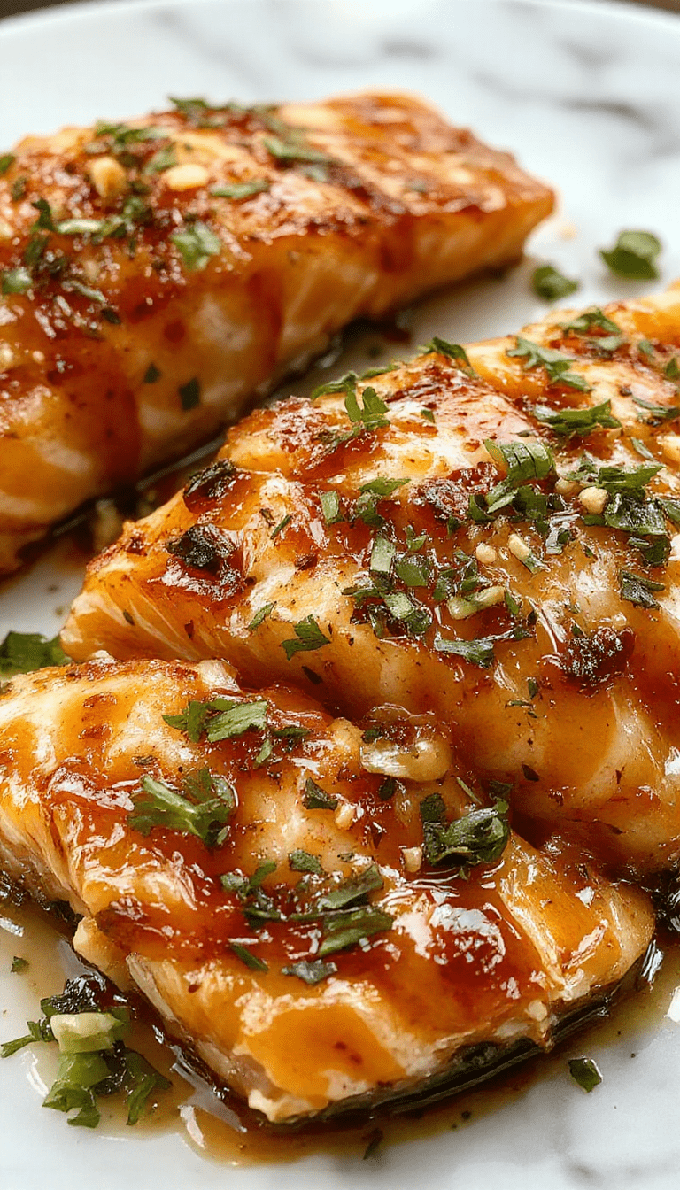 A close-up of a beautifully plated crispy honey garlic glazed salmon fillet, golden brown and caramelized on top, garnished with fresh herbs, served with lemon wedges and colorful steamed vegetables, on a rustic white plate against a wooden table background