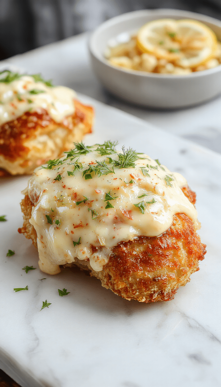 A vibrant plate featuring golden crispy chicken topped with fresh lemon slices and grated pecorino cheese. The chicken is garnished with herbs and served on a stylish white platter, with a drizzle of creamy sauce around the edges, highlighting its crispy texture and zesty lemon flavor.