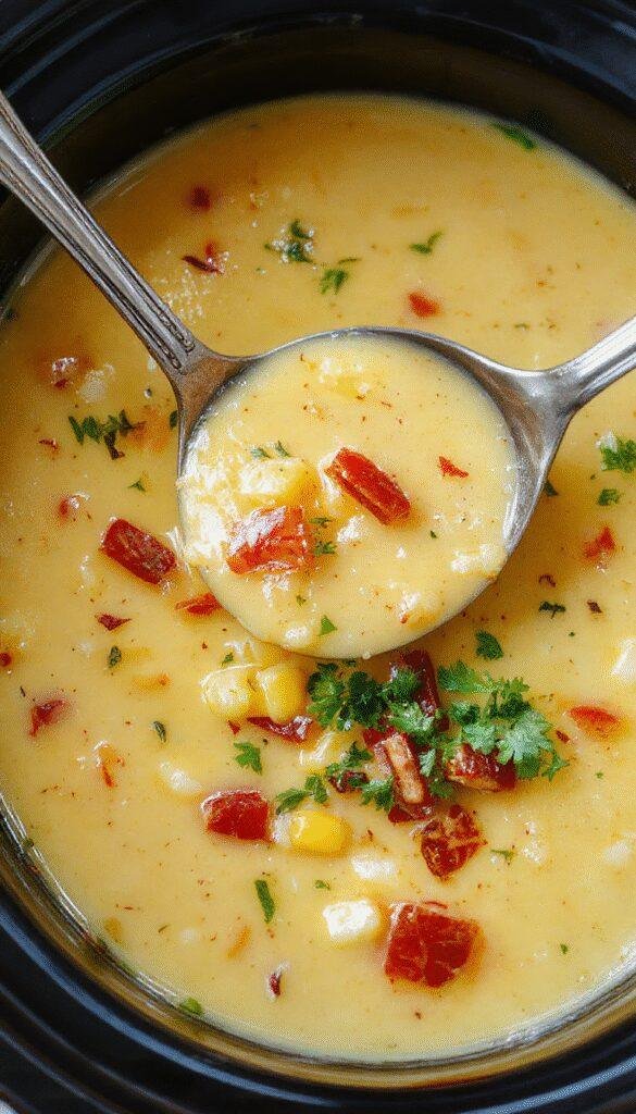 A steaming bowl of Crockpot Mexican Street Corn Soup garnished with cilantro, lime wedges, and sprinkled cheese, served next to corn on the cob