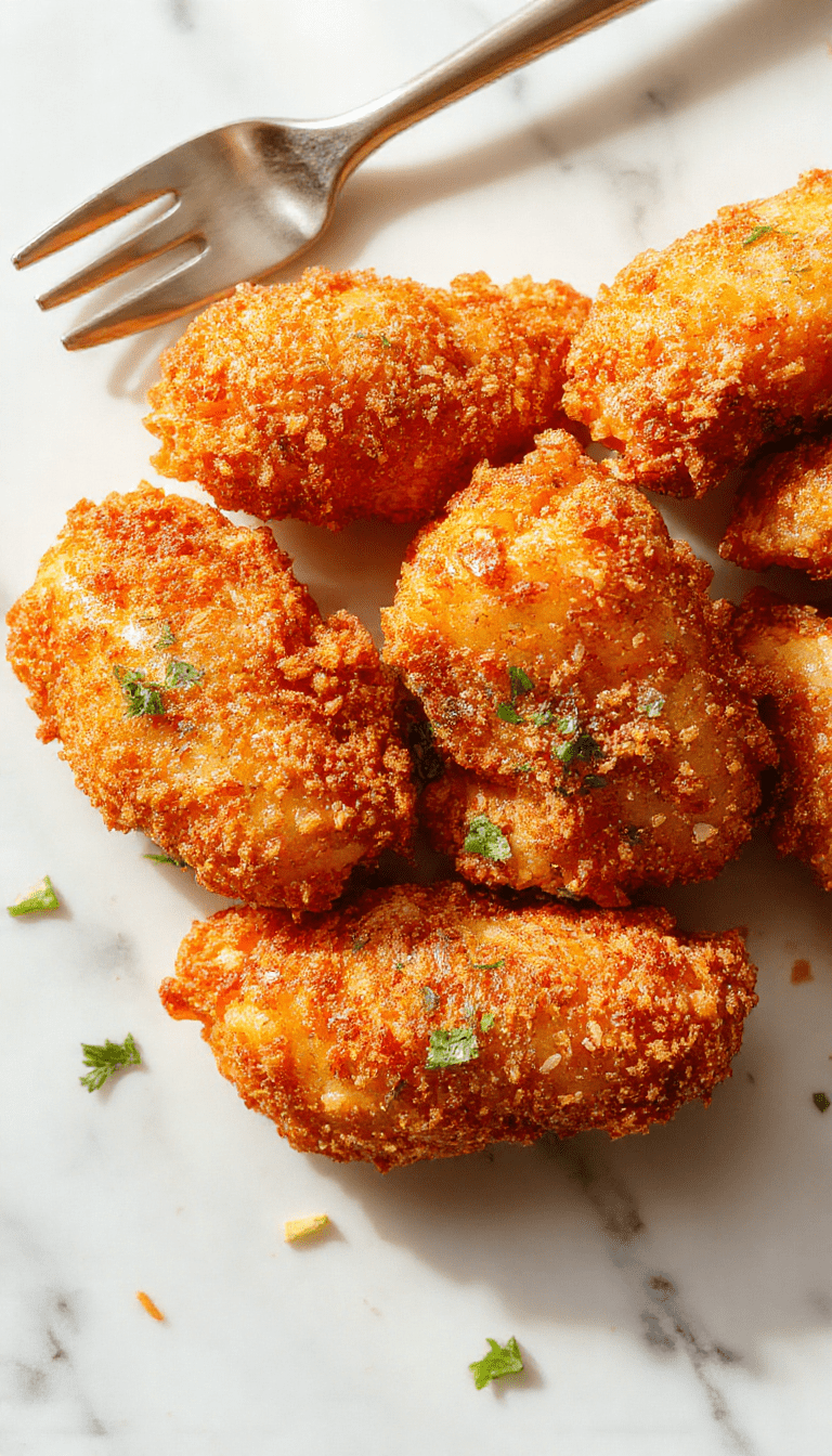 A close-up image of golden-brown crispy baked chicken tenders arranged on a white plate, garnished with fresh herbs and served with a side of dipping sauce, highlighting the crunchy texture and appealing color contrast.