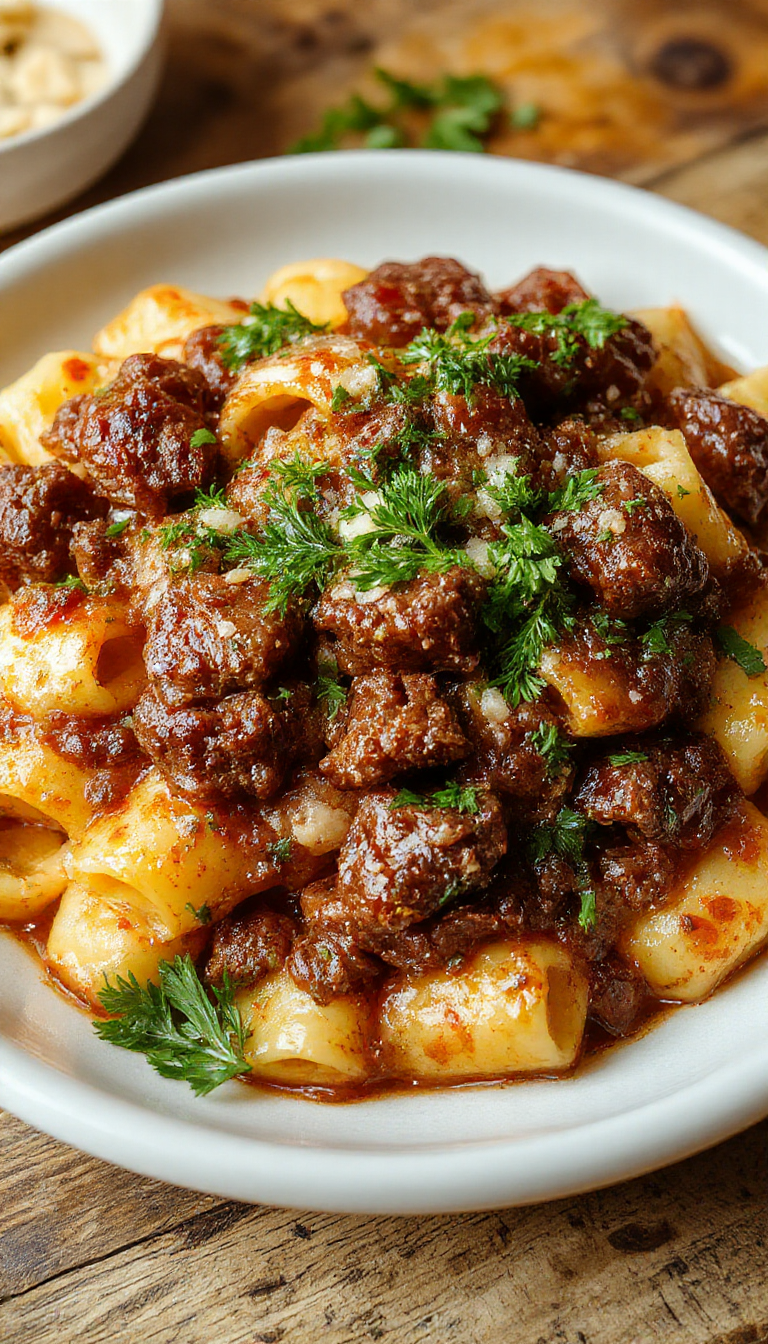 A plate of Decadent Beef & Parmesan Rigatoni featuring perfectly cooked rigatoni pasta topped with tender beef and generously sprinkled Parmesan cheese, garnished with fresh herbs.