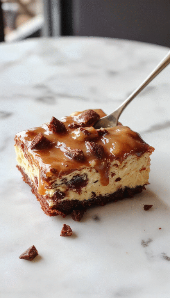A rich caramel brownie cheesecake slice on a rustic wooden plate, topped with caramel drizzle and dollops of whipped cream, showing layers of dense brownie, creamy cheesecake, and glossy caramel. The vibrant colors contrast with the textured brownie and smooth cheesecake, styled with a sprinkle of crushed nuts around the base and a caramel spiral on top.
