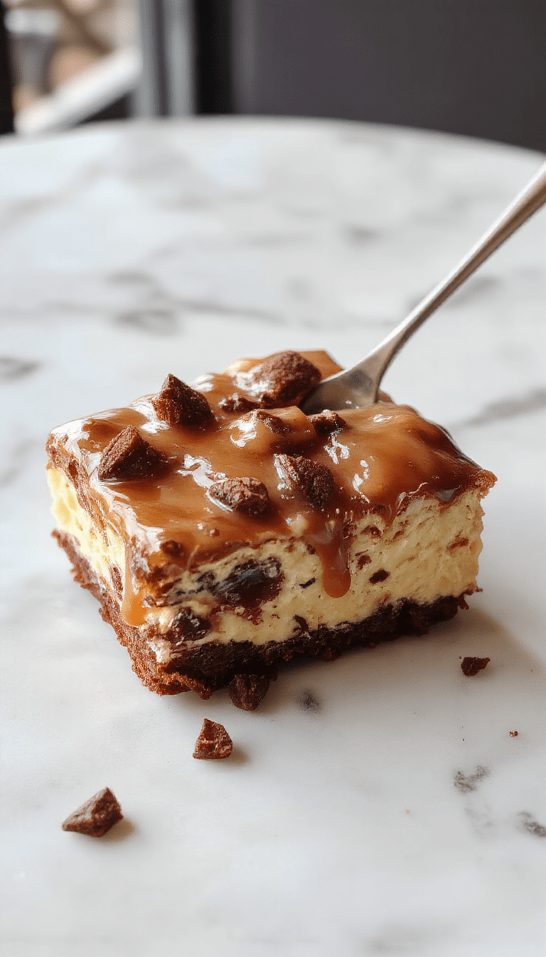 A rich caramel brownie cheesecake slice on a rustic wooden plate, topped with caramel drizzle and dollops of whipped cream, showing layers of dense brownie, creamy cheesecake, and glossy caramel. The vibrant colors contrast with the textured brownie and smooth cheesecake, styled with a sprinkle of crushed nuts around the base and a caramel spiral on top.