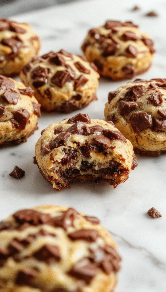 A close-up of golden-brown cookie bites topped with melted chocolate and creamy cheesecake filling spilling slightly. The bites are arranged on a rustic wooden platter with scattering of chocolate chips and powdered sugar, styled with a drizzle of chocolate sauce and fresh berries nearby, highlighting their rich textures and indulgent appearance.