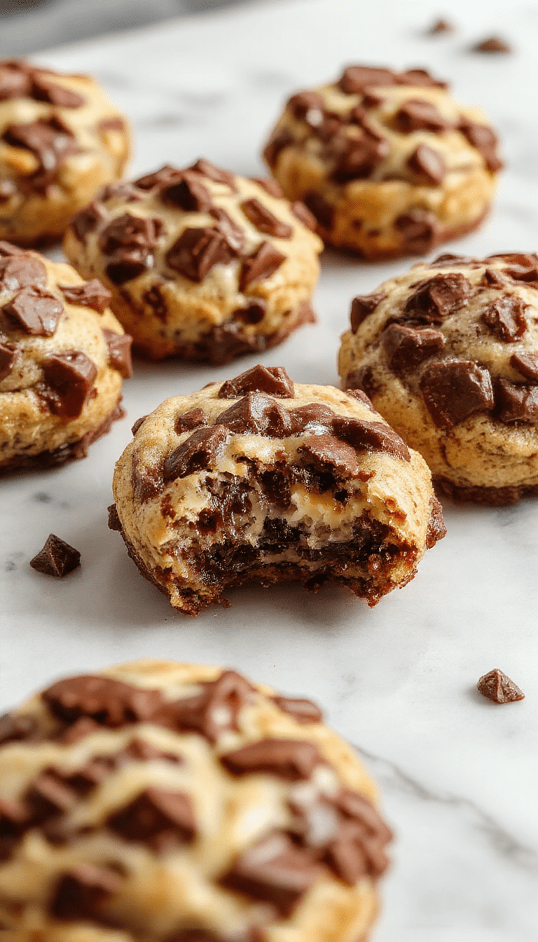 A close-up of golden-brown cookie bites topped with melted chocolate and creamy cheesecake filling spilling slightly. The bites are arranged on a rustic wooden platter with scattering of chocolate chips and powdered sugar, styled with a drizzle of chocolate sauce and fresh berries nearby, highlighting their rich textures and indulgent appearance.