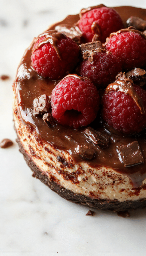 A visually stunning cheesecake featuring a rich dark chocolate ganache topping, fresh vibrant raspberries arranged artistically on top, with a smooth creamy interior visible through a slice, garnished with mint leaves, set against a rustic wooden background with a drizzle of raspberry sauce.