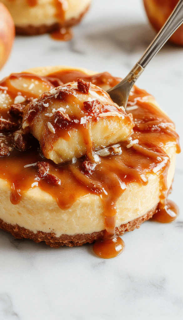 A luscious slice of salted caramel apple pie cheesecake on a rustic wooden board, topped with glossy caramel drizzle, cinnamon-spiced apple slices, and a sprinkle of sea salt. The creamy cheesecake layer balances the flaky golden crust, with vibrant caramel and apple accents adding warmth and visual appeal.