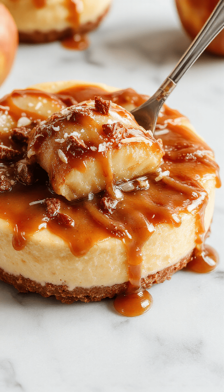 A luscious slice of salted caramel apple pie cheesecake on a rustic wooden board, topped with glossy caramel drizzle, cinnamon-spiced apple slices, and a sprinkle of sea salt. The creamy cheesecake layer balances the flaky golden crust, with vibrant caramel and apple accents adding warmth and visual appeal.