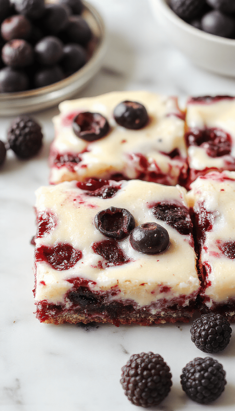 Colorful blueberry cream cheese bars with a golden crust topped with fresh, vibrant blueberries and a creamy swirl of cheese filling, arranged on a white platter with a rustic wooden background, showcasing a layered texture and glossy finish.