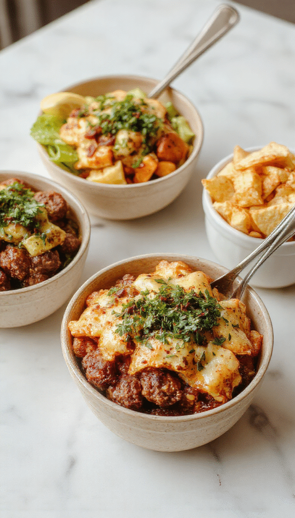 A vibrant and colorful burger bowl featuring layers of fresh greens, ripe tomatoes, sliced pickles, and seasoned ground beef, topped with melted cheese and sprigs of herbs, served in a rustic wooden bowl with a fork and a side of crispy potato chips in the background.