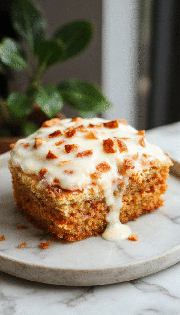 A vibrant slice of carrot cake cheesecake with a rich creamy topping on a white plate, garnished with shredded carrots and a sprig of mint, showcasing the moist crumb, smooth frosting, and crunchy pecan topping, styled with a rustic wooden background and soft lighting emphasizing textures.