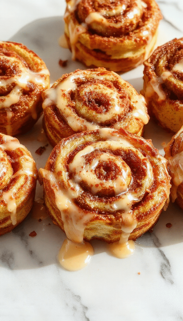 Colorful plate featuring golden-brown cinnamon roll French toast bites topped with drizzles of glaze and sprinkled with cinnamon, arranged in a stack with fresh berries and mint leaves, styled on a rustic wooden table with breakfast elements around