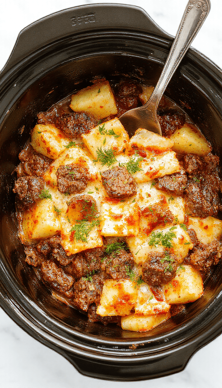 A colorful plated crockpot hamburger potato casserole featuring golden-brown beef and tender potatoes topped with melted cheese and fresh herbs, served in a rustic bowl garnished with chopped parsley, with a warm, inviting kitchen background.