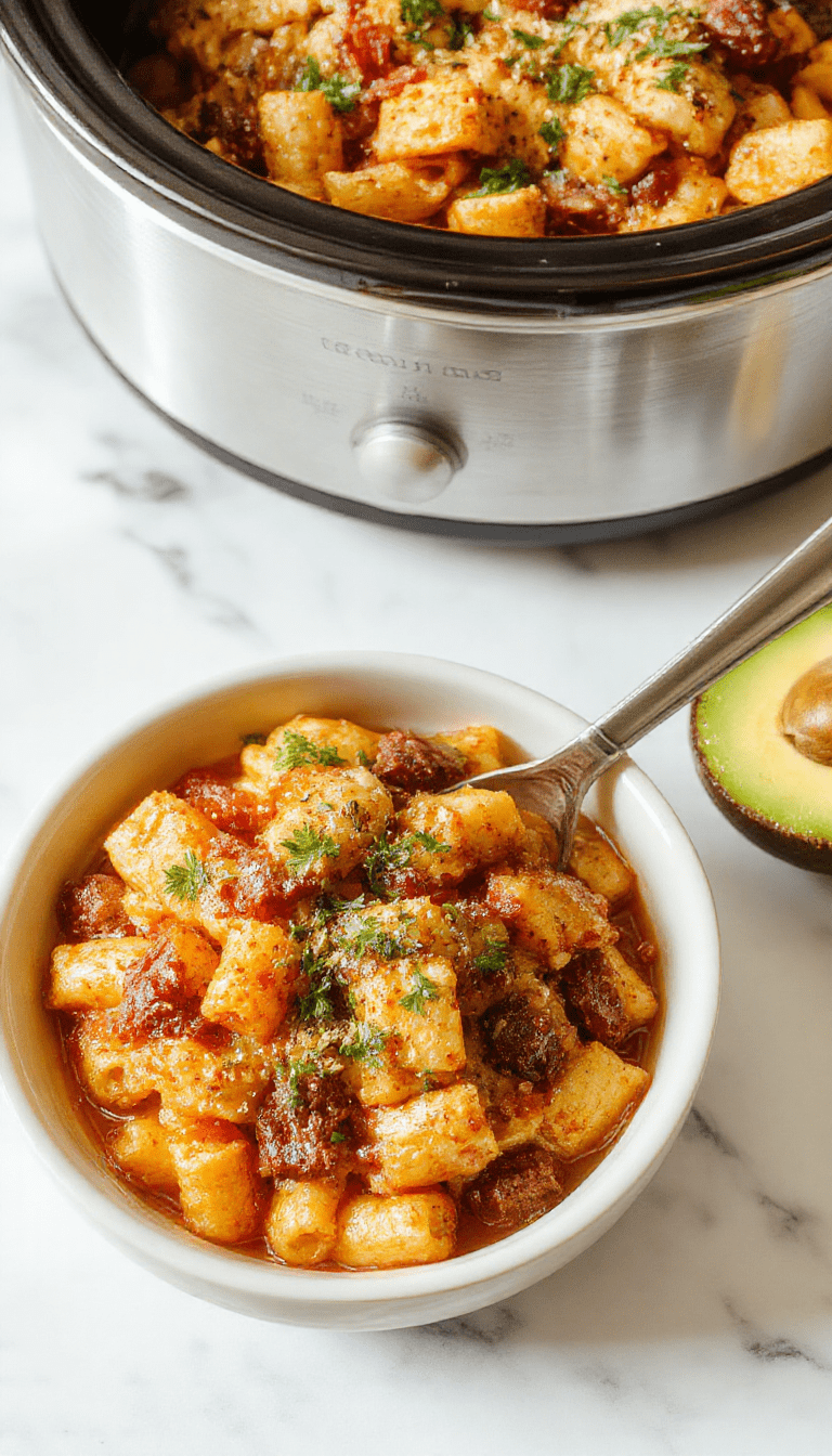 A vibrant bowl of crockpot taco pasta featuring tender pasta coated in a rich, spicy tomato sauce with ground beef, garnished with fresh cilantro, shredded cheese, and sliced jalapenos. The dish is presented on a rustic wooden table with colorful toppings and a side of crunchy tortilla chips, showcasing a hearty and inviting meal with warm colors and textured ingredients.