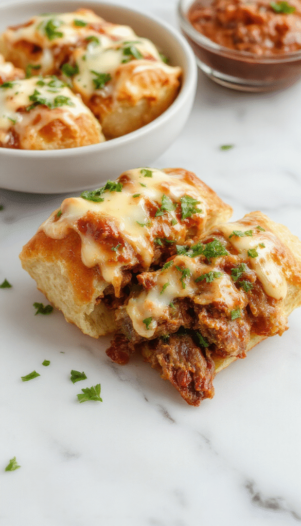 Colorful keto Philly cheesesteak rolls plated on a rustic wooden board, showcasing golden-brown bacon-wrapped rolls filled with melted cheese, sautéed peppers, and thinly sliced steak, garnished with fresh herbs and served with a side of creamy dipping sauce.