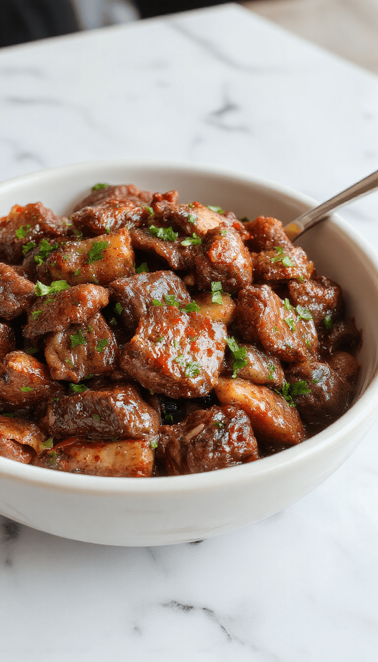A vibrant plate of Korean beef stir fry featuring thinly sliced beef coated in glossy, savory sauce, colorful bell peppers and green onions, served on a white plate with a rustic wooden table background, styled with sesame seeds and fresh herbs.