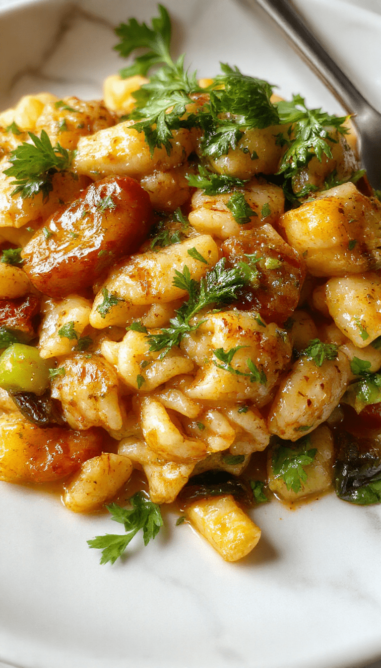 Colorful plate of creamy orzo pasta garnished with fresh basil and cherry tomatoes, served in a modern white bowl set on a rustic wooden table with vibrant vegetables around