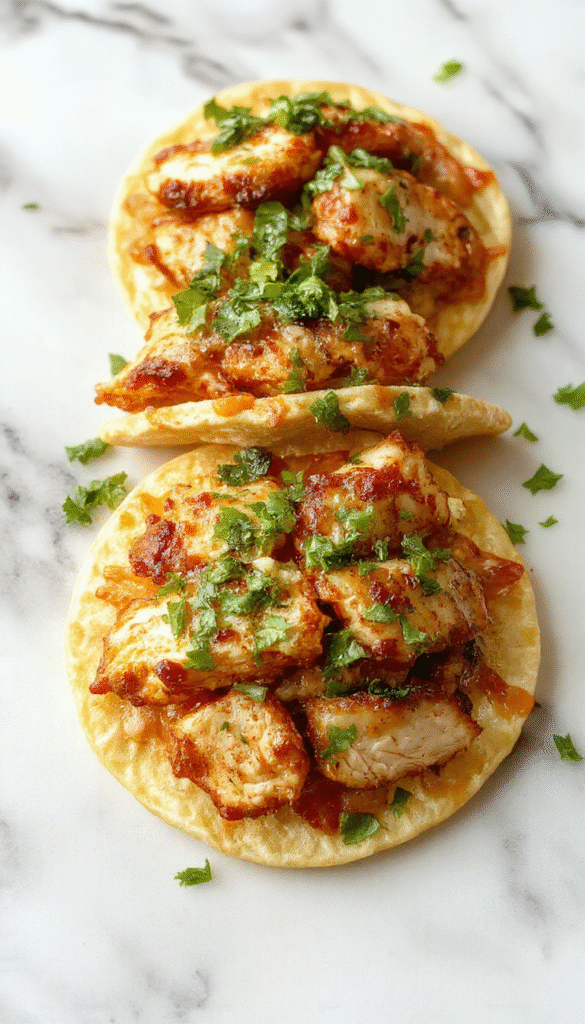 Colorful plate of crispy tostadas topped with shredded rotisserie chicken, fresh lettuce, diced tomatoes, melted cheese, and drizzles of sour cream, all arranged neatly with vibrant garnishes, styled on a rustic wooden surface