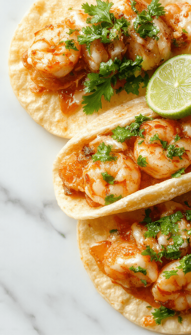 Colorful shrimp tacos arranged on a white plate with soft corn tortillas filled with grilled shrimp, shredded lettuce, diced tomatoes, and a drizzle of creamy sauce. Fresh cilantro and lime wedges add vibrant green accents, with a rustic wooden background highlighting a lively and appetizing presentation.