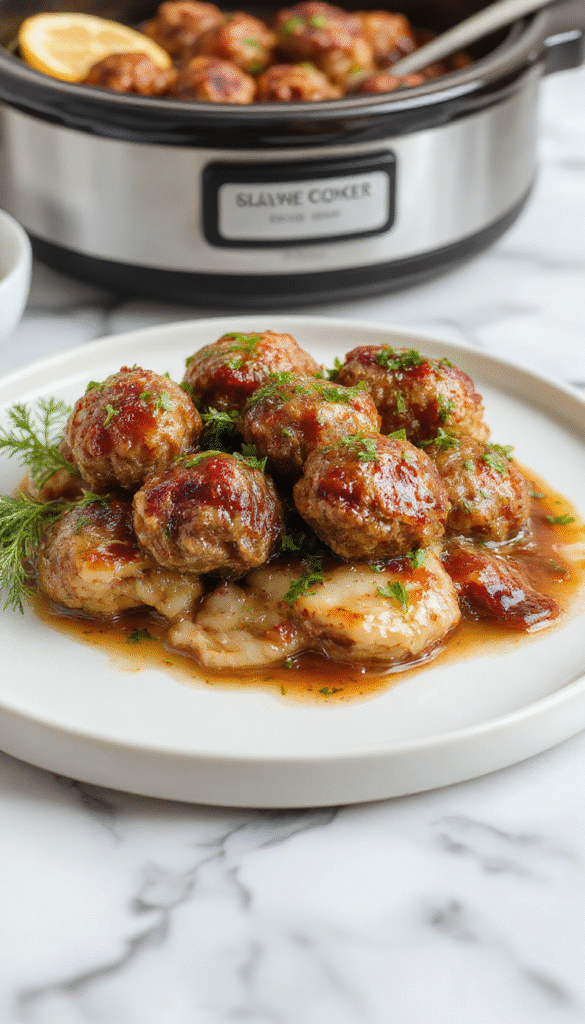 Colorful plated Salisbury steak meatballs with rich brown gravy, served with mashed potatoes and steamed vegetables, garnished with fresh herbs, styled on a rustic white plate with a wooden background.