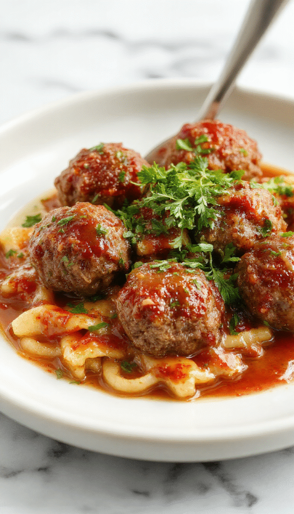 Colorful plate featuring glossy Salisbury steak meatballs with rich gravy, topped with fresh herbs on a rustic white dish, styled with a sprig of parsley, steam rising, in a cozy kitchen setting with warm lighting
