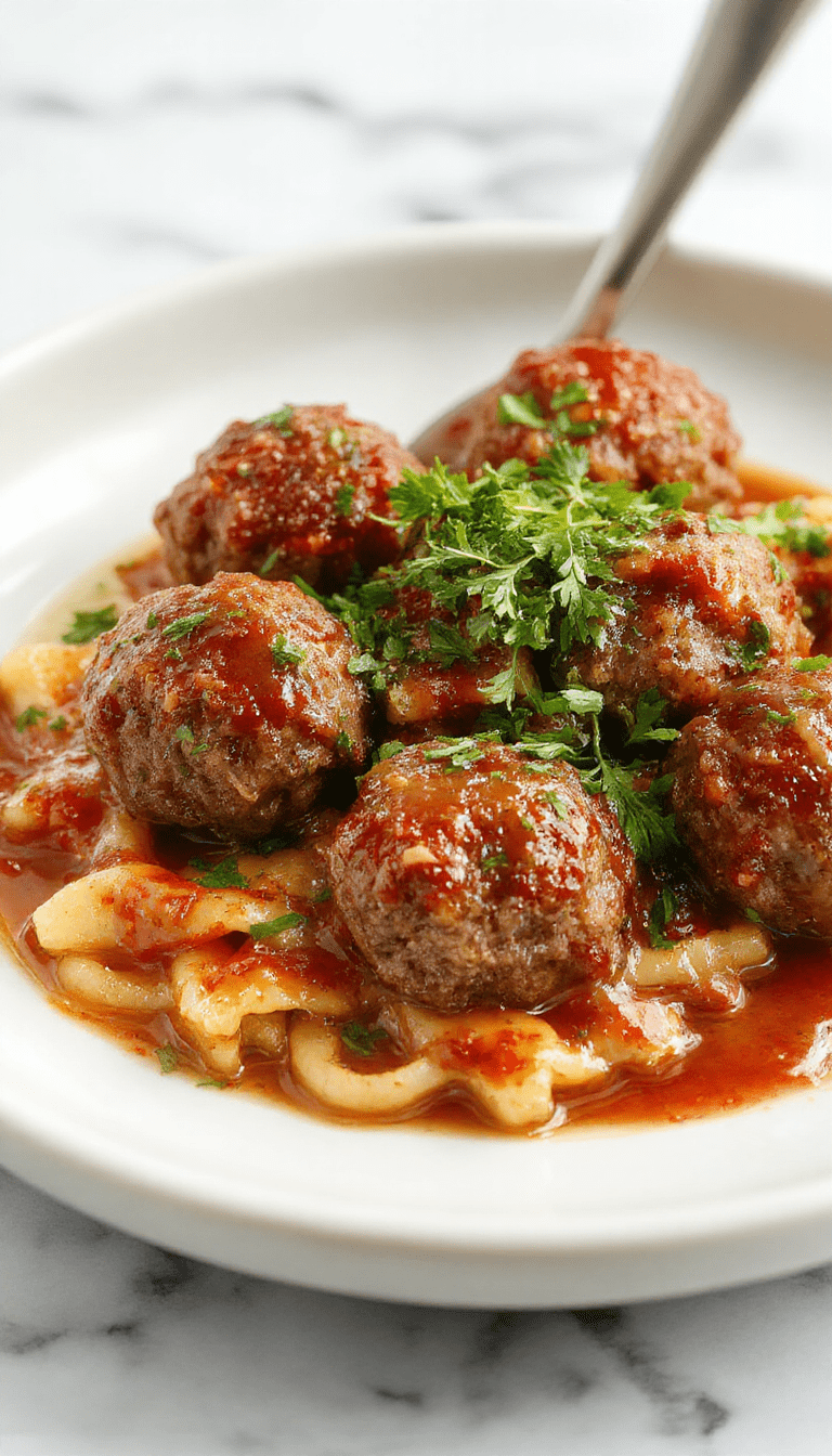 Colorful plate featuring glossy Salisbury steak meatballs with rich gravy, topped with fresh herbs on a rustic white dish, styled with a sprig of parsley, steam rising, in a cozy kitchen setting with warm lighting