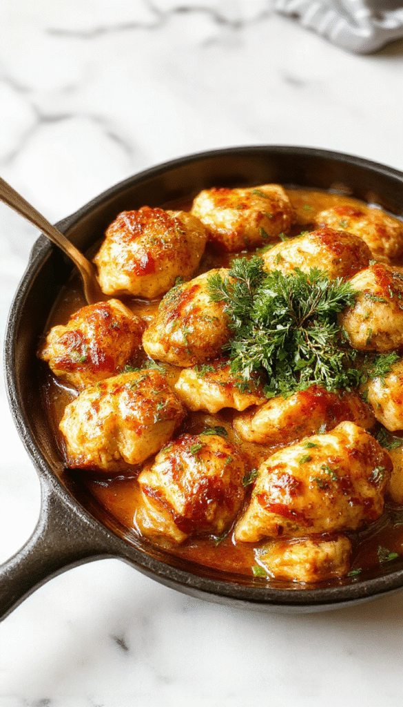 A vibrant image of a golden-brown butter chicken skillet garnished with fresh herbs and served with a side of rice, showcasing tender chicken pieces coated in a creamy, buttery sauce on a rustic wooden table