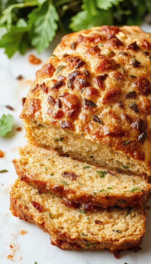 A freshly sliced zucchini loaf with golden crust and moist interior, garnished with a sprig of fresh herbs