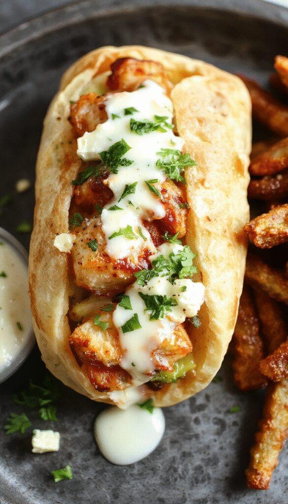 A vibrant plate featuring sliced Greek chicken gyros topped with crumbled feta, served with a side of creamy Tzatziki sauce and fresh herbs, on a rustic wooden table.