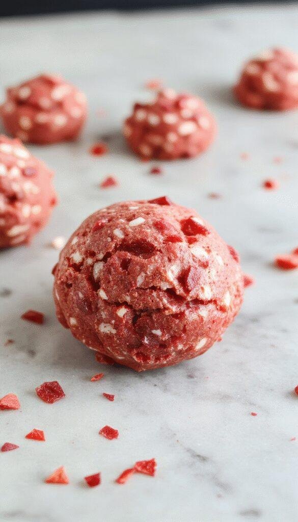 A close-up of divine no-bake red velvet cookie dough balls topped with white chocolate chips, arranged on a decorative plate.