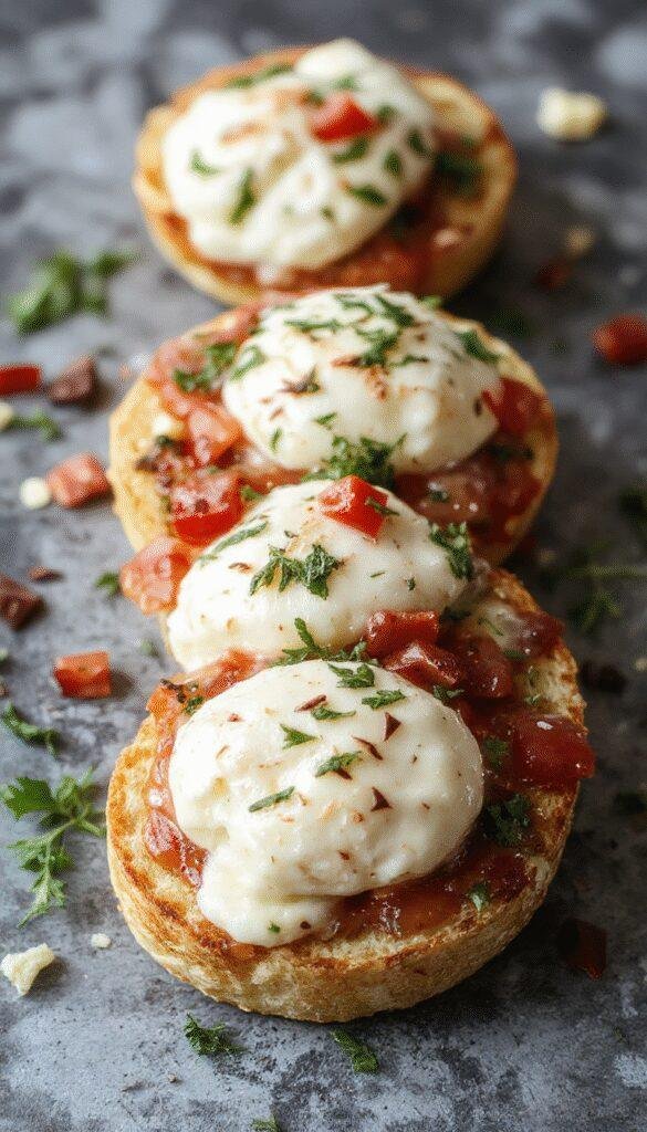 A close-up of toasted baguette slices topped with creamy burrata cheese, fresh cherry tomatoes, basil leaves, and a drizzle of olive oil, served on a rustic wooden board.