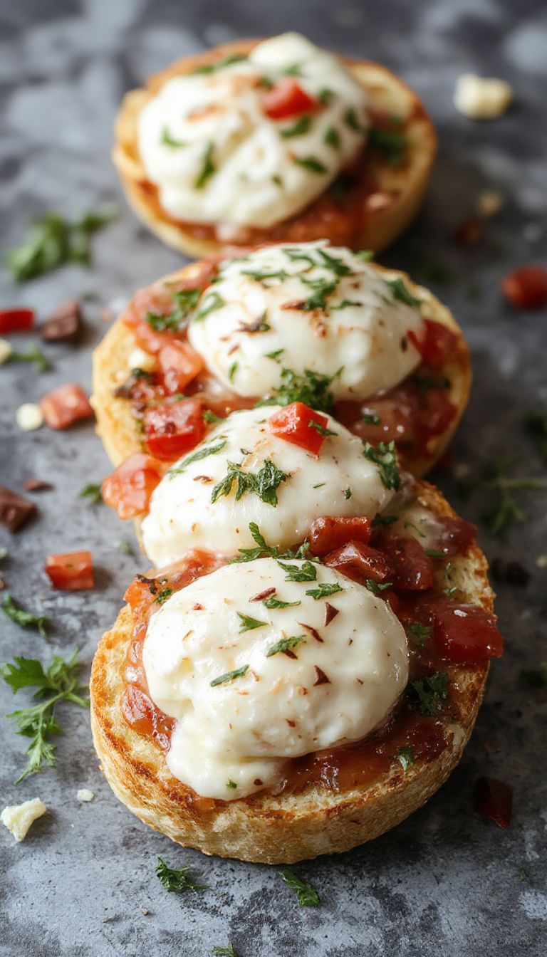 A close-up of toasted baguette slices topped with creamy burrata cheese, fresh cherry tomatoes, basil leaves, and a drizzle of olive oil, served on a rustic wooden board.