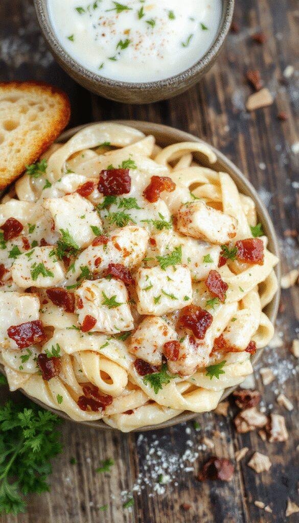 A creamy pasta dish topped with crispy bacon, shredded chicken, and a drizzle of ranch dressing, served on a white plate with fresh herbs.
