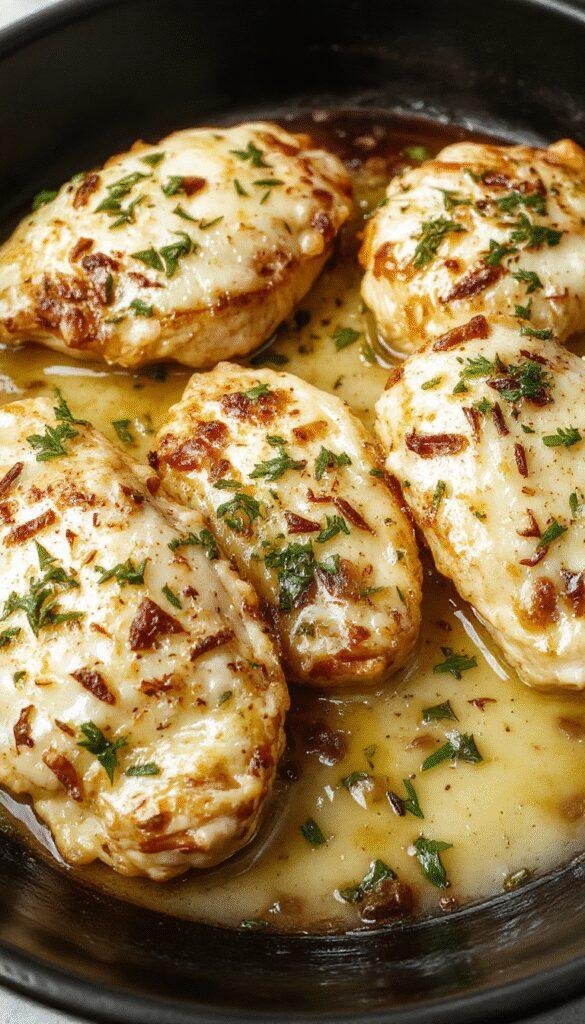 Juicy baked chicken breasts topped with melted garlic Parmesan cheese, garnished with fresh parsley on a rustic wooden plate.